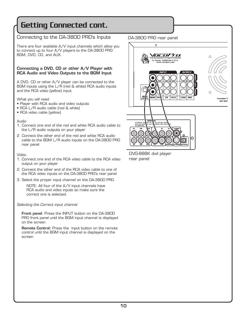 Getting connected cont, Connecting to the da-3800 pro’s inputs | VocoPro DA-3800 PRO User Manual | Page 12 / 28