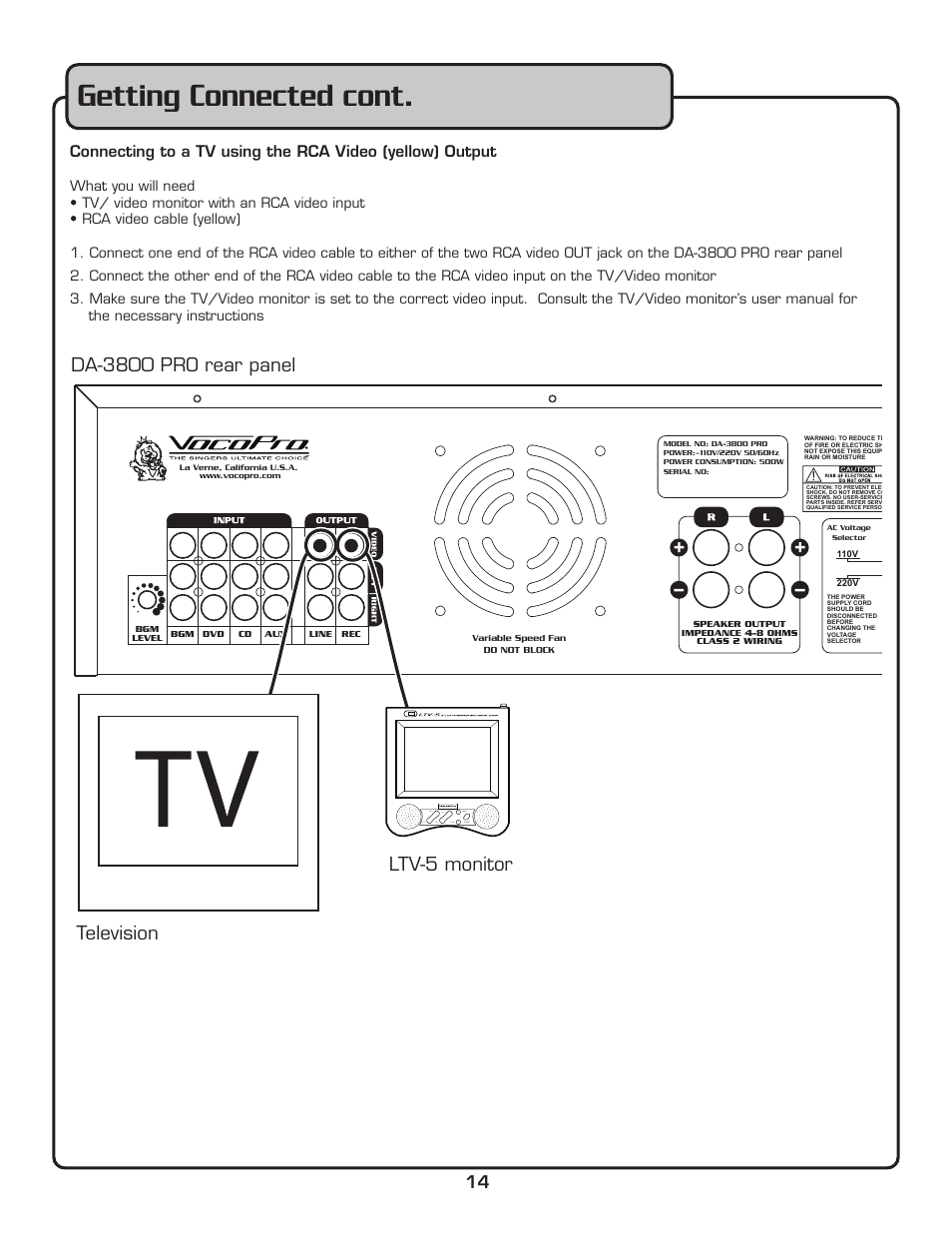 Getting connected cont, Menu tv/av power ch + ch - vol + vol | VocoPro DA-3800 PRO User Manual | Page 16 / 28