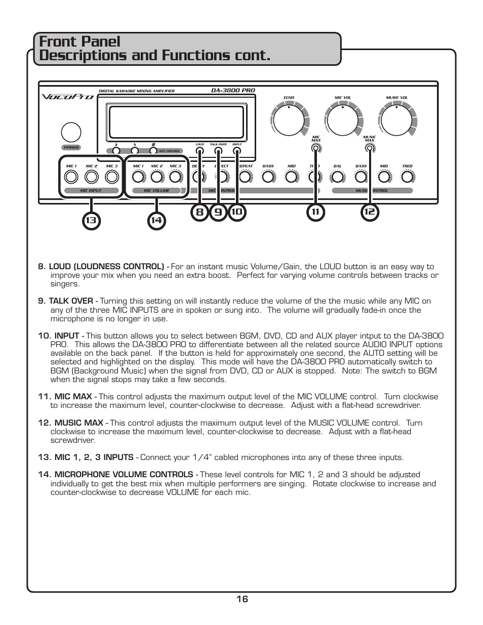 Front panel descriptions and functions cont | VocoPro DA-3800 PRO User Manual | Page 18 / 28