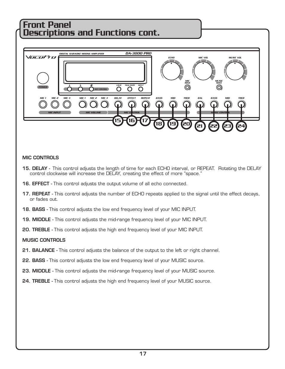 Front panel descriptions and functions cont | VocoPro DA-3800 PRO User Manual | Page 19 / 28