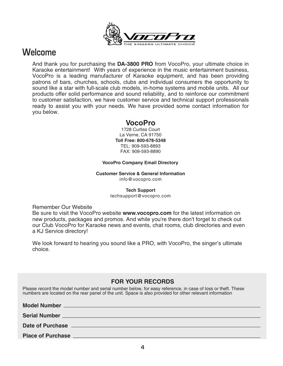Welcome, Vocopro | VocoPro DA-3800 PRO User Manual | Page 6 / 28