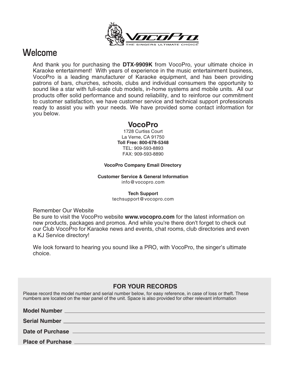 Welcome, Vocopro | VocoPro DTX-9909K User Manual | Page 7 / 52