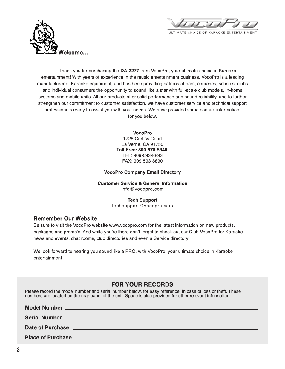 Pg 03 welcome.pdf | VocoPro DA2277 User Manual | Page 5 / 26