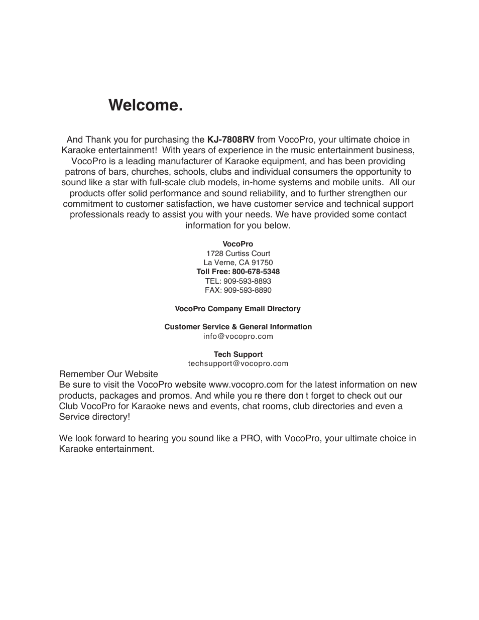 Welcome | VocoPro KJ-7808RV User Manual | Page 2 / 28
