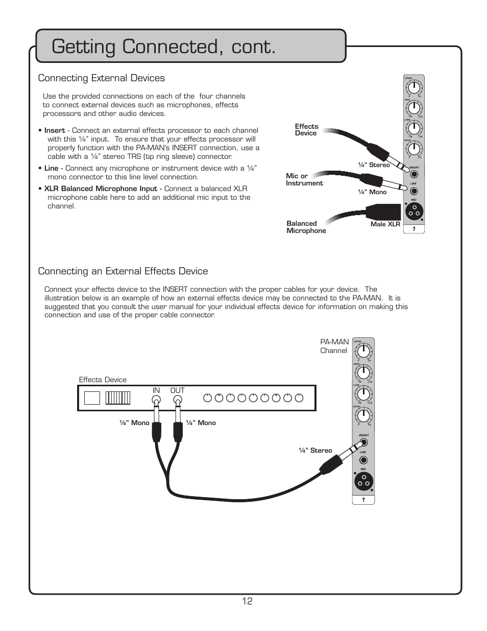 Getting connected, cont, 12 connecting external devices, Connecting an external effects device | VocoPro PA-MAN User Manual | Page 12 / 32