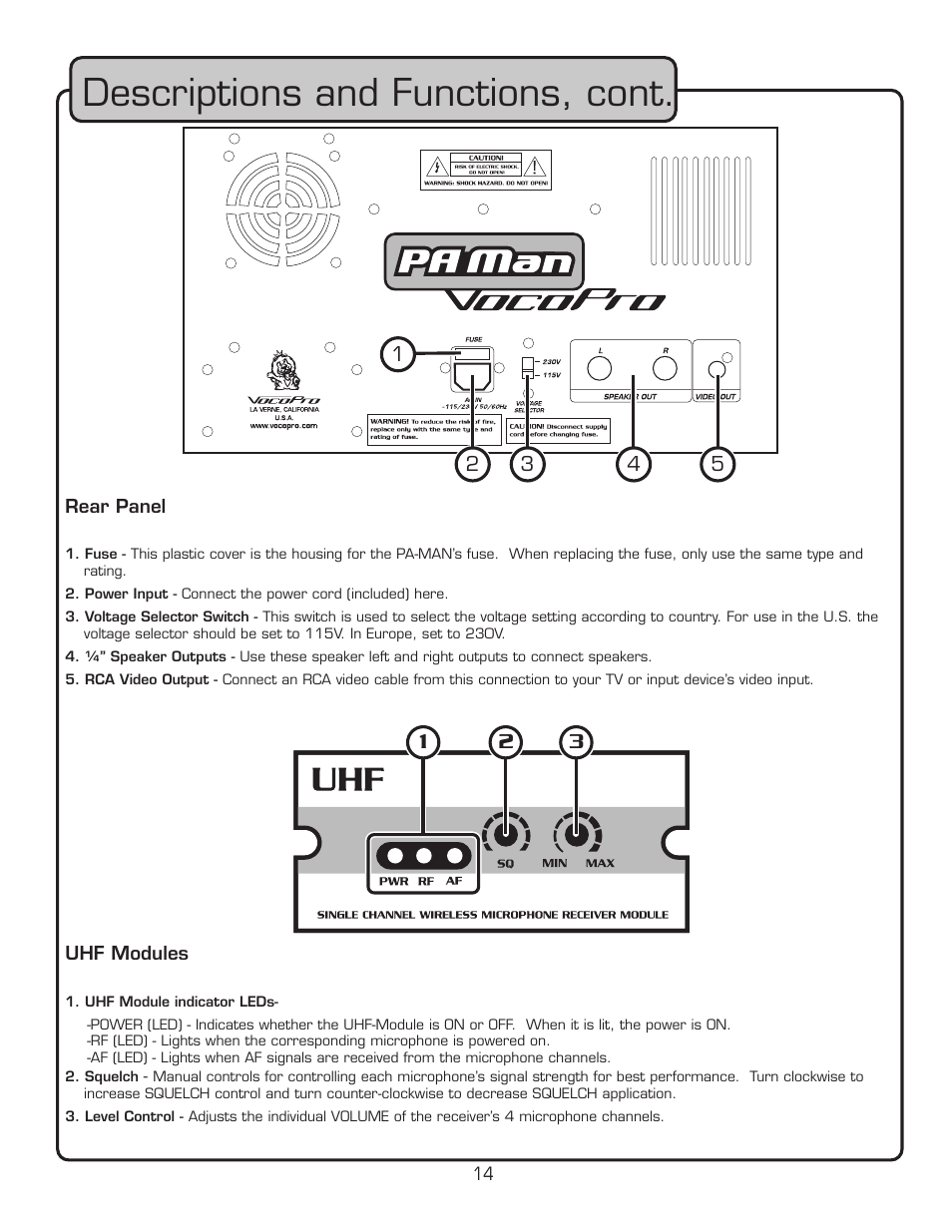 Descriptions and functions, cont | VocoPro PA-MAN User Manual | Page 14 / 32