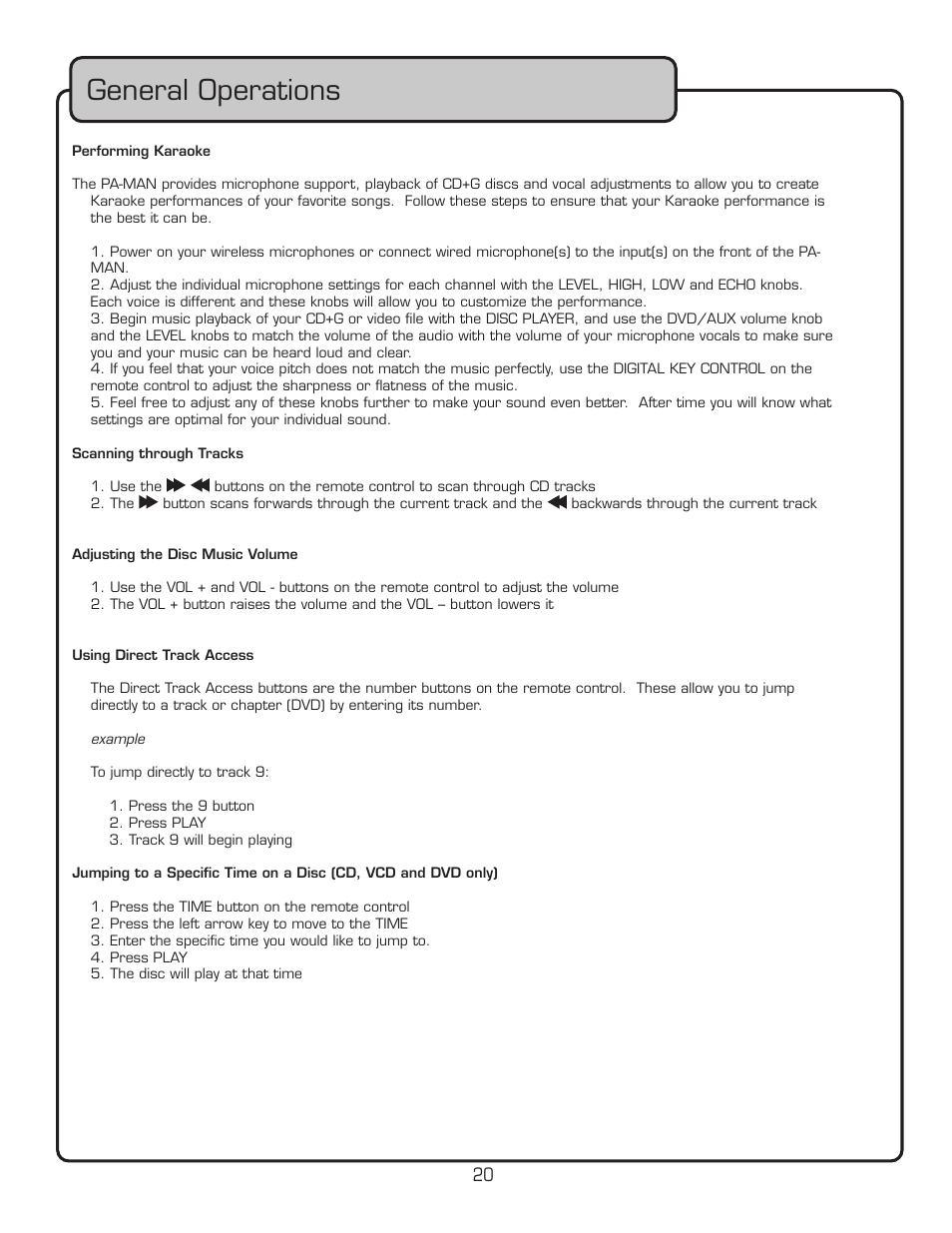 General operations | VocoPro PA-MAN User Manual | Page 20 / 32