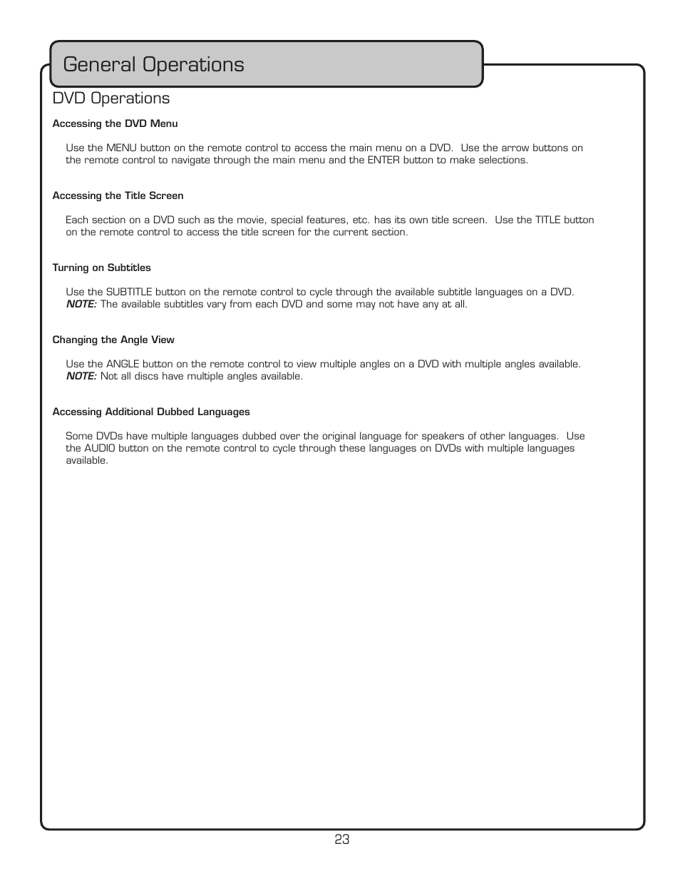 General operations, Dvd operations | VocoPro PA-MAN User Manual | Page 23 / 32