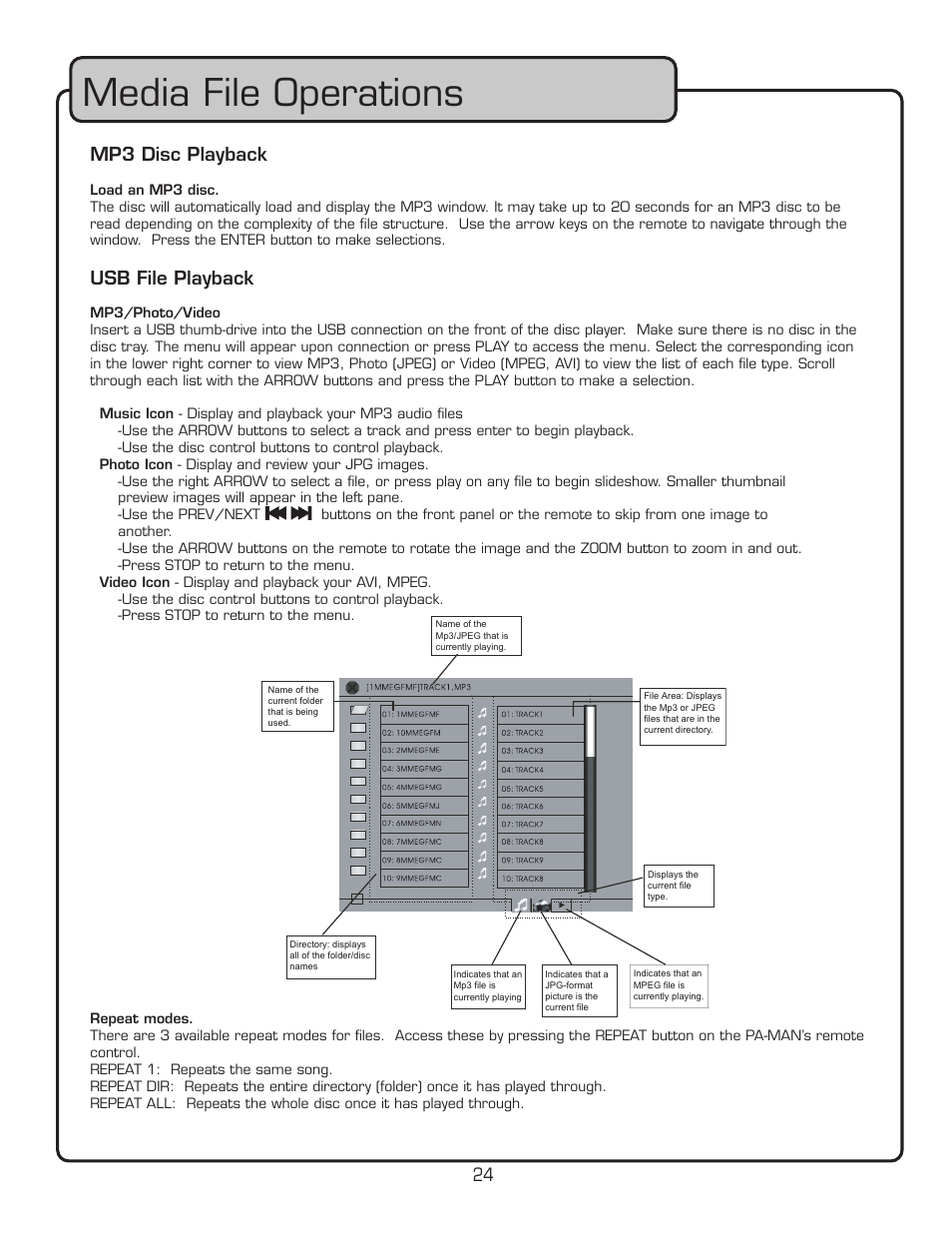 Media file operations, 24 mp3 disc playback, Usb file playback | VocoPro PA-MAN User Manual | Page 24 / 32