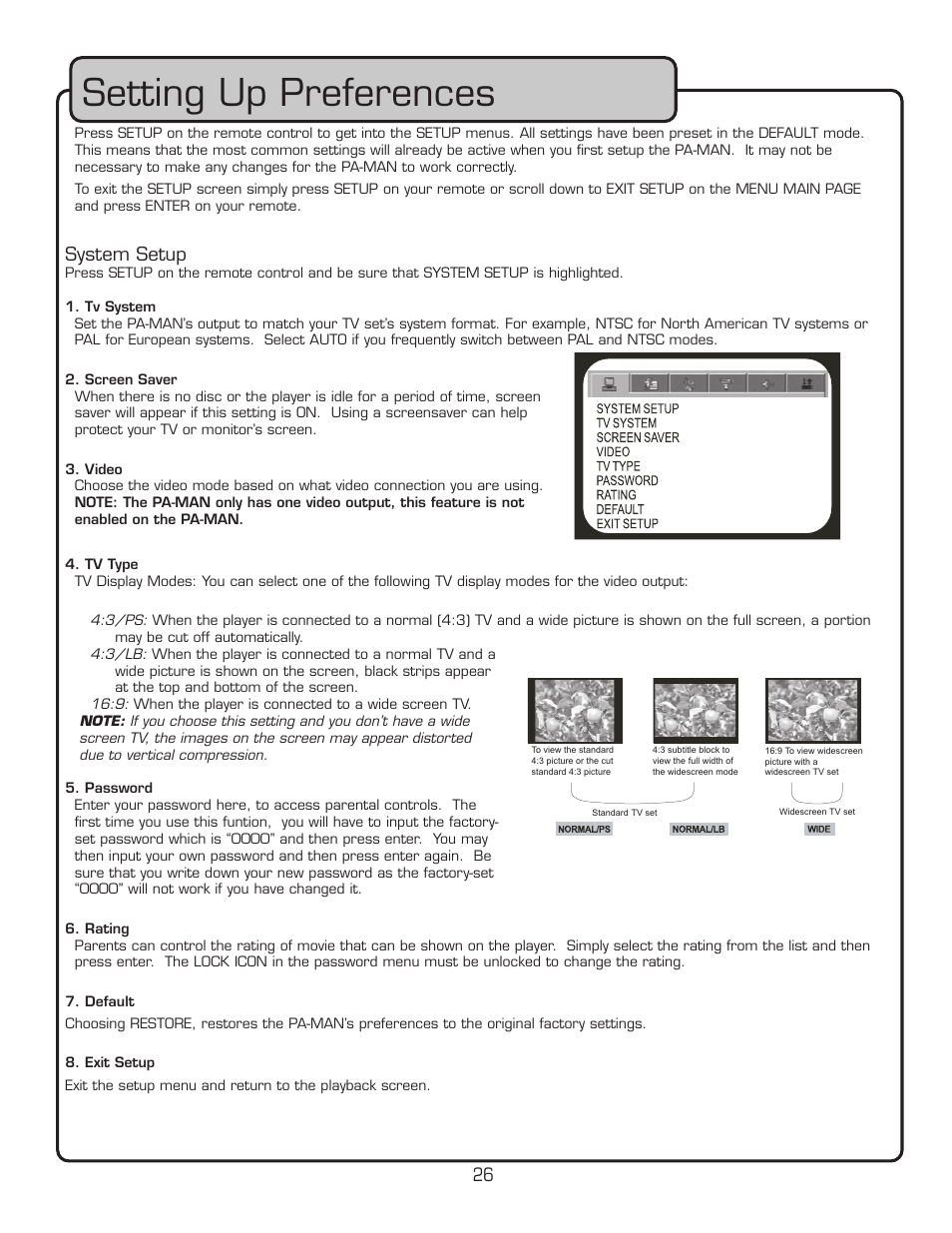 Setting up preferences, System setup | VocoPro PA-MAN User Manual | Page 26 / 32
