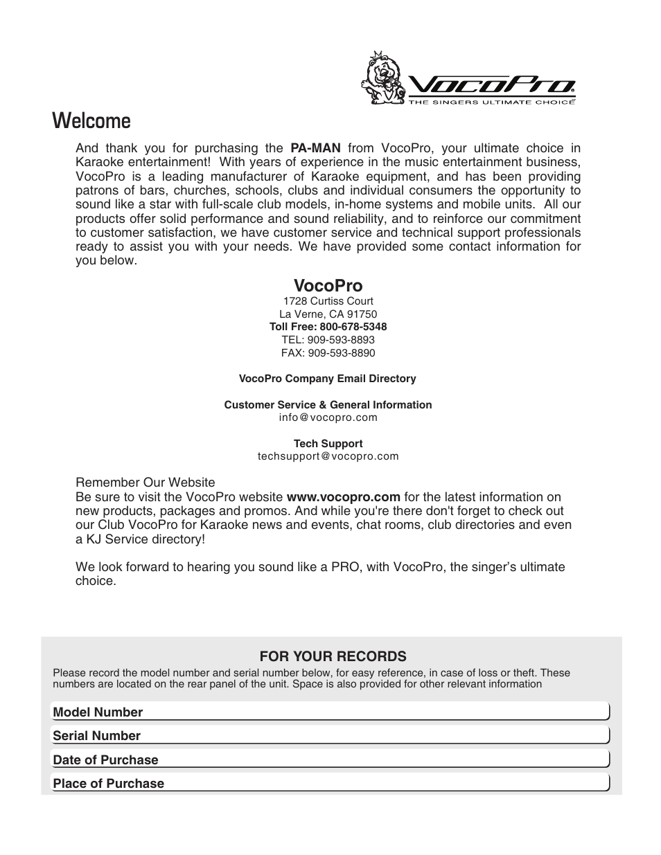 Welcome, Vocopro | VocoPro PA-MAN User Manual | Page 6 / 32