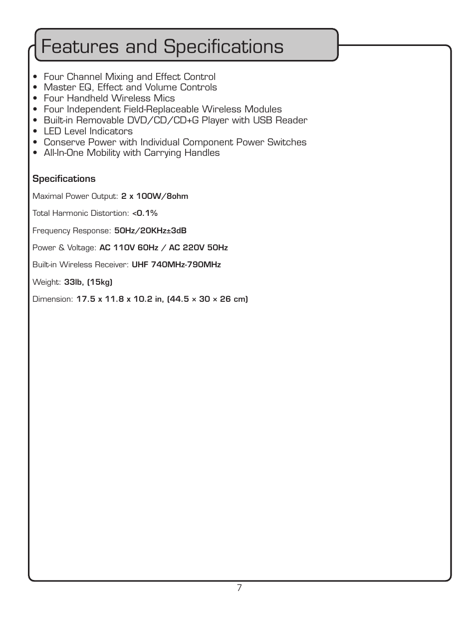 Features and speciﬁcations | VocoPro PA-MAN User Manual | Page 7 / 32
