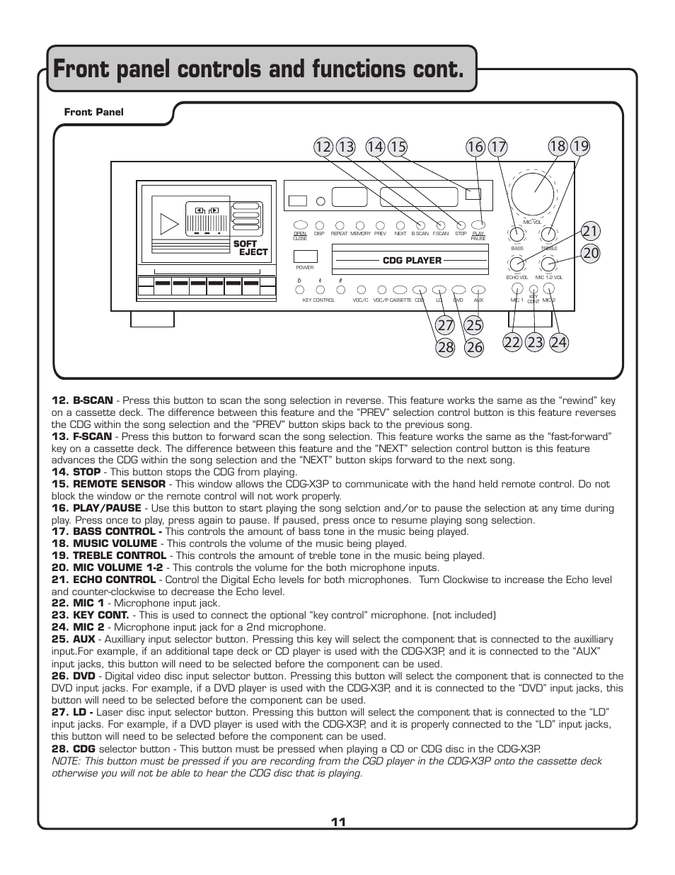 Front panel controls and functions cont | VocoPro CDG-X3P User Manual | Page 12 / 22