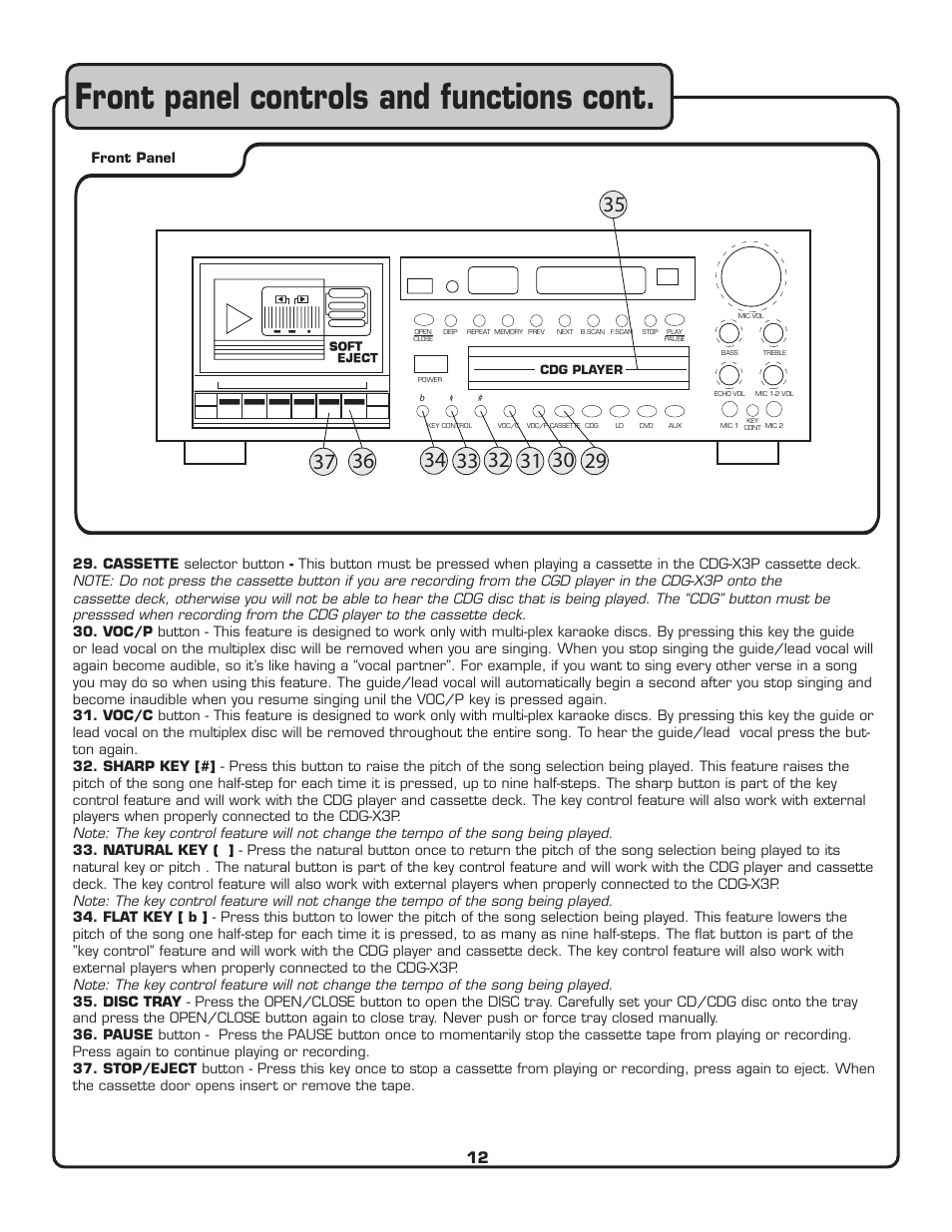 Front panel controls and functions cont | VocoPro CDG-X3P User Manual | Page 13 / 22