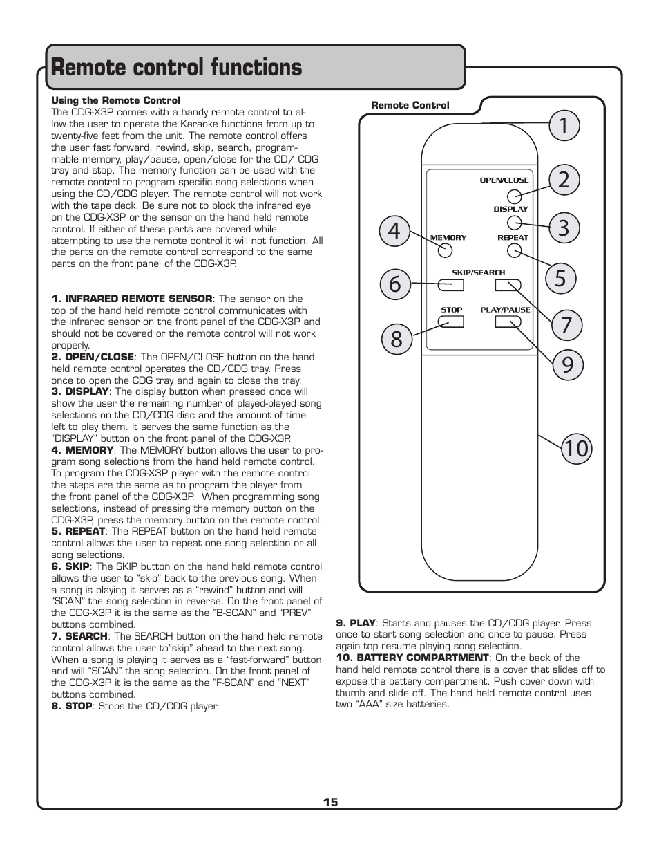 Remote control functions | VocoPro CDG-X3P User Manual | Page 16 / 22