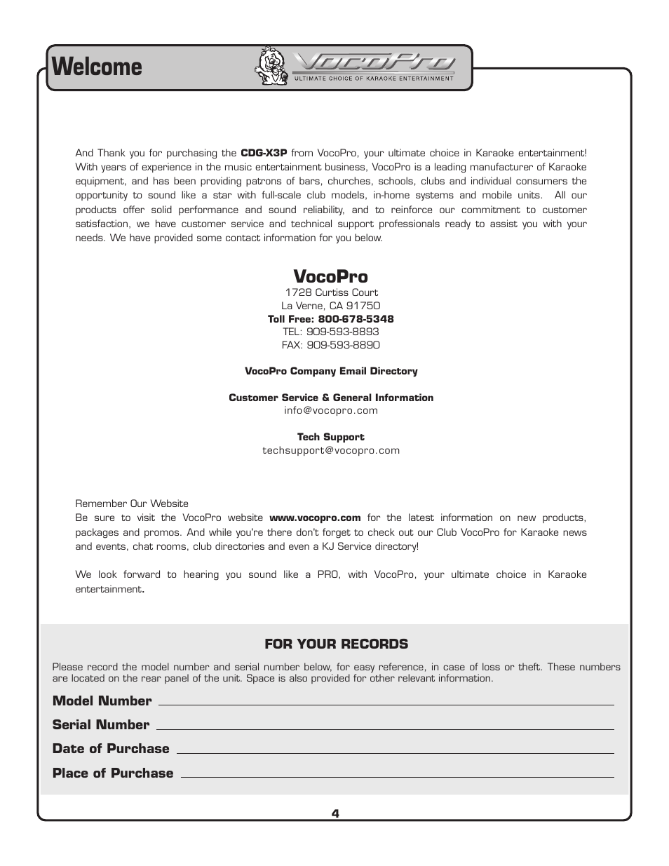 Welcome, Vocopro | VocoPro CDG-X3P User Manual | Page 5 / 22