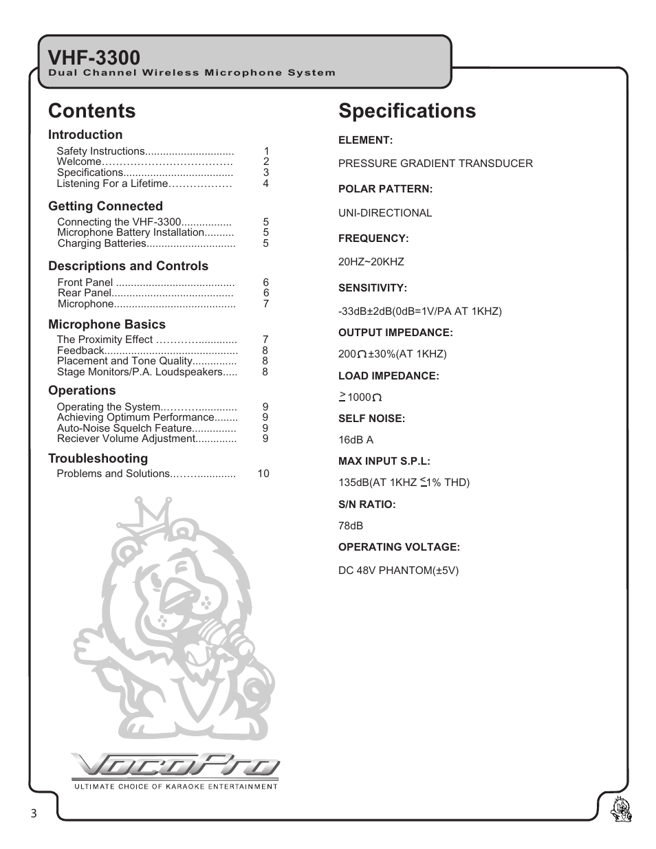 Pg 03 table of contents.pdf, Contents vhf-3300, Specifications | VocoPro VHF-3300 User Manual | Page 4 / 11