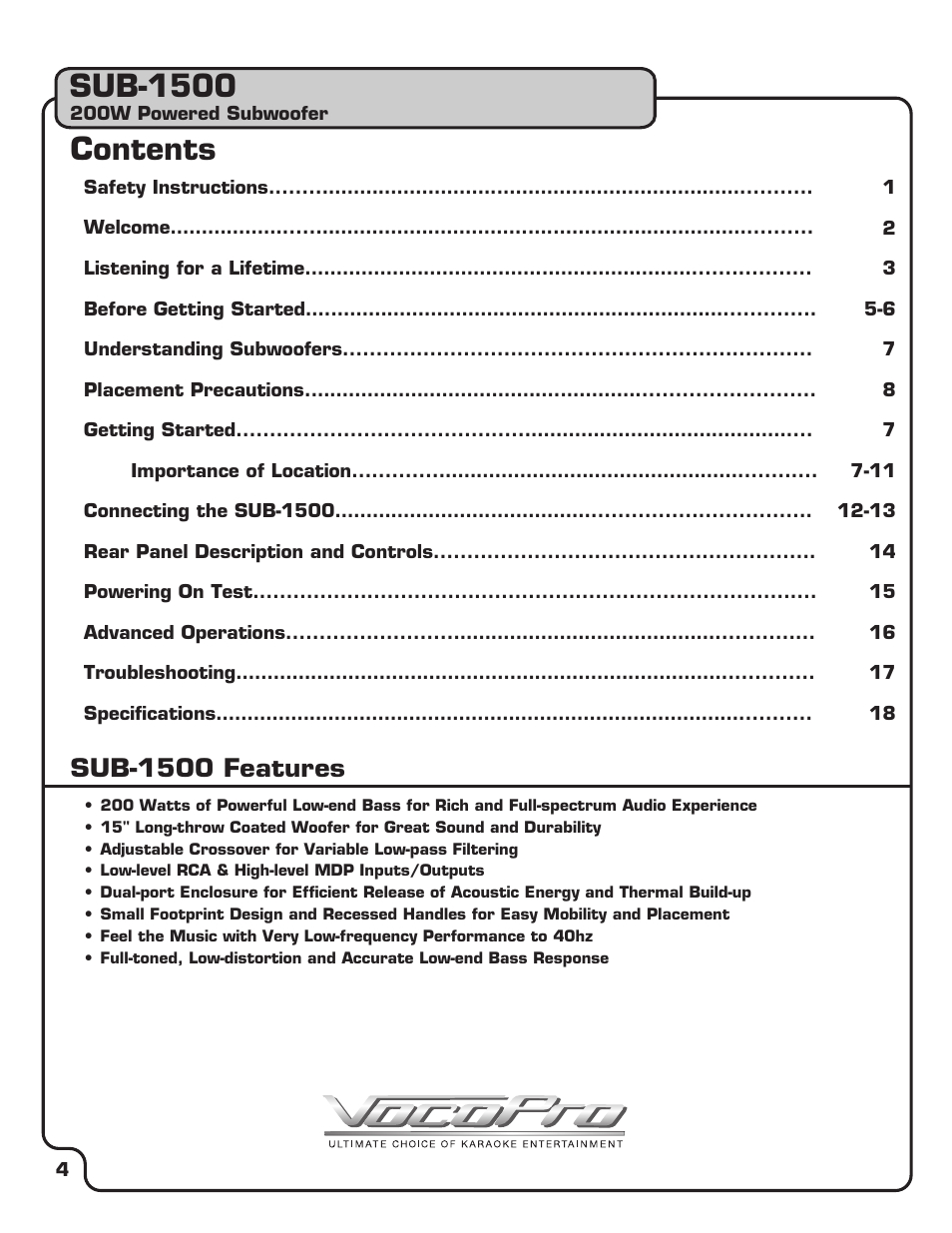 VocoPro SUB-1500 User Manual | Page 5 / 18