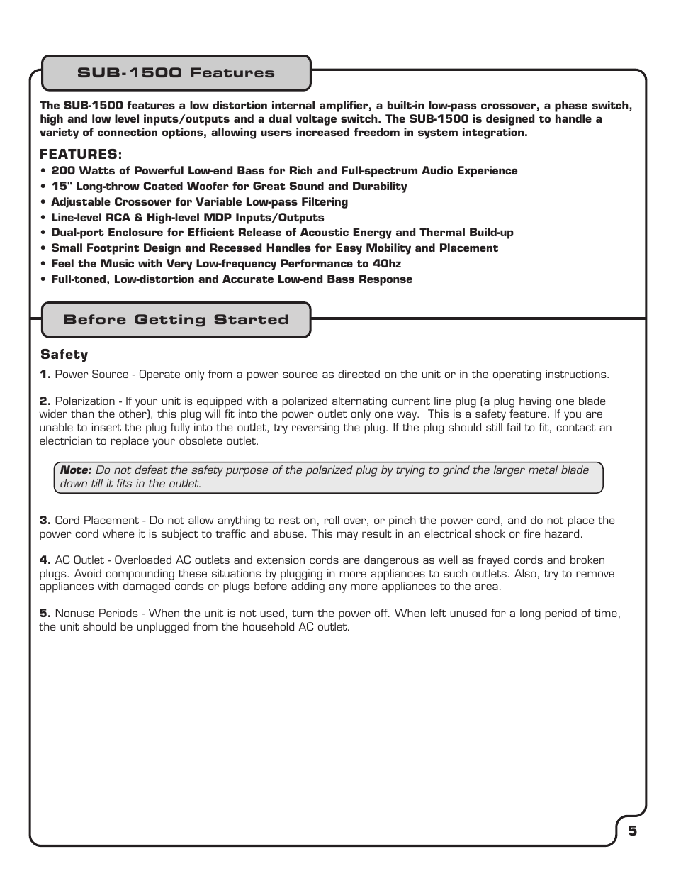 Pg 05 before getting started.pdf | VocoPro SUB-1500 User Manual | Page 6 / 18