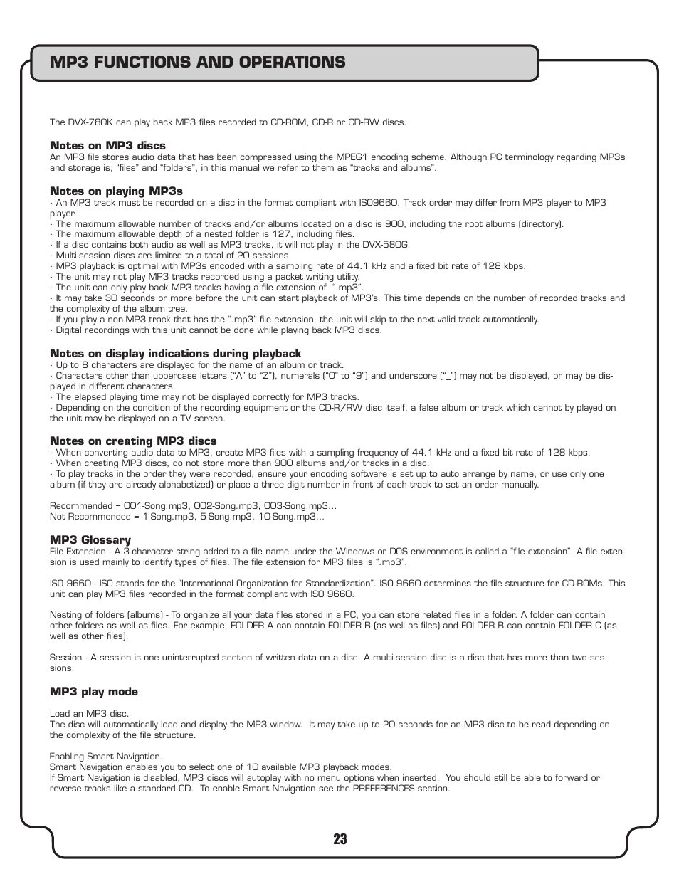 Mp3 functions and operations | VocoPro DVX-780K User Manual | Page 23 / 27