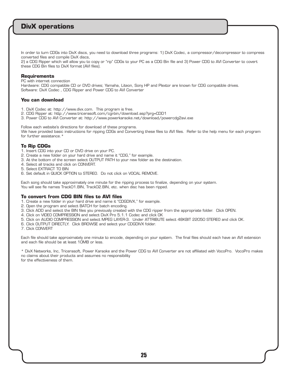 Divx operations | VocoPro DVX-780K User Manual | Page 25 / 27