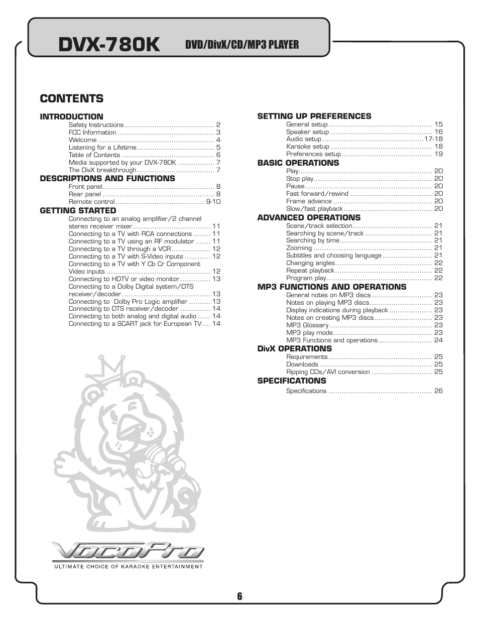 Dvx-780k, Dvd/divx/cd/mp3 player contents | VocoPro DVX-780K User Manual | Page 6 / 27