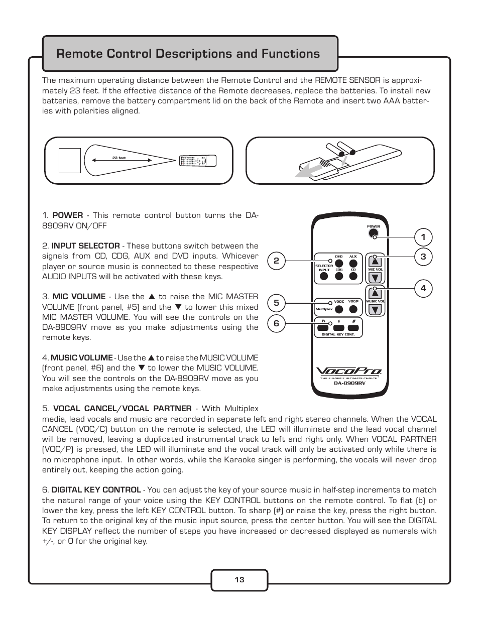 Remote control descriptions and functions | VocoPro DA-8909RV User Manual | Page 15 / 18