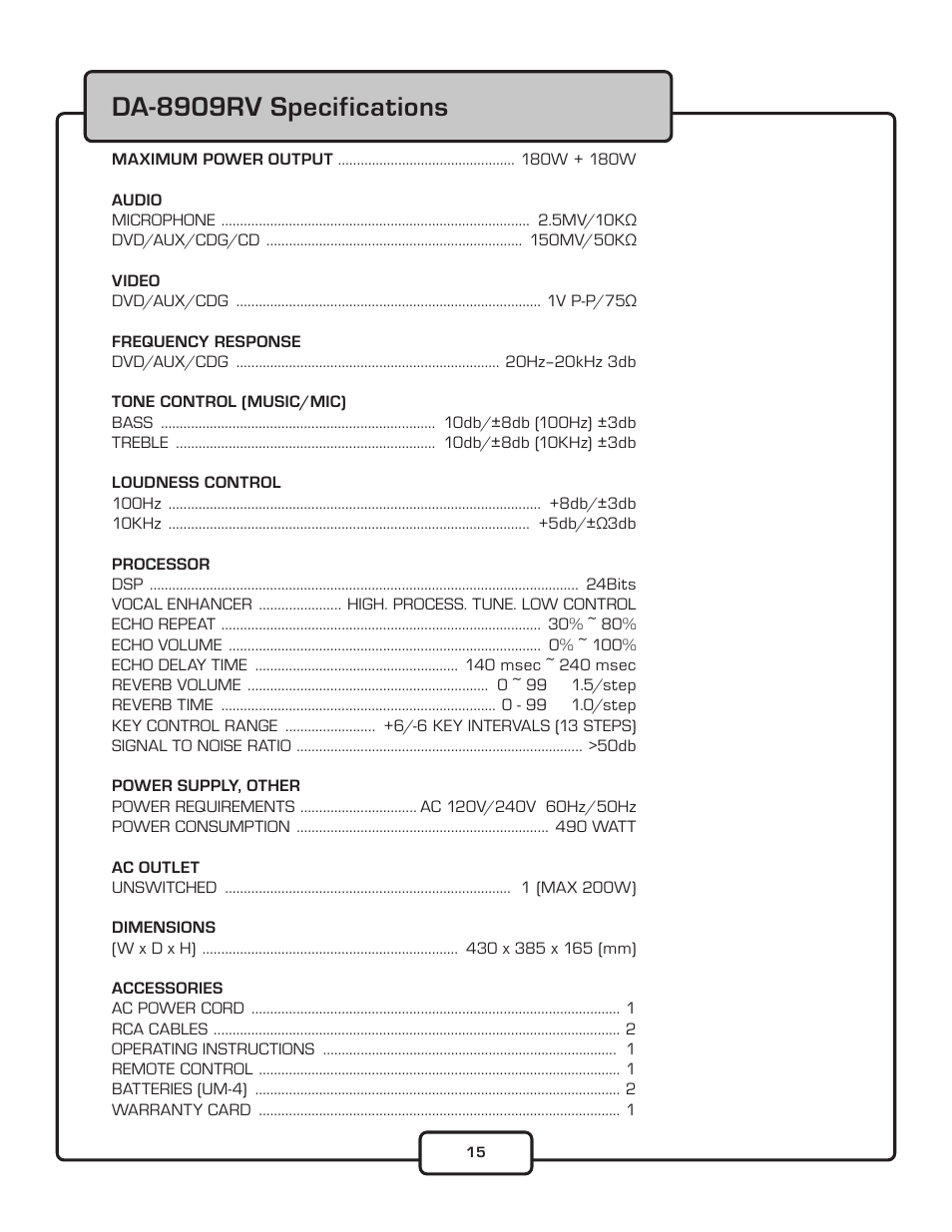 Da-8909rv specifications | VocoPro DA-8909RV User Manual | Page 17 / 18
