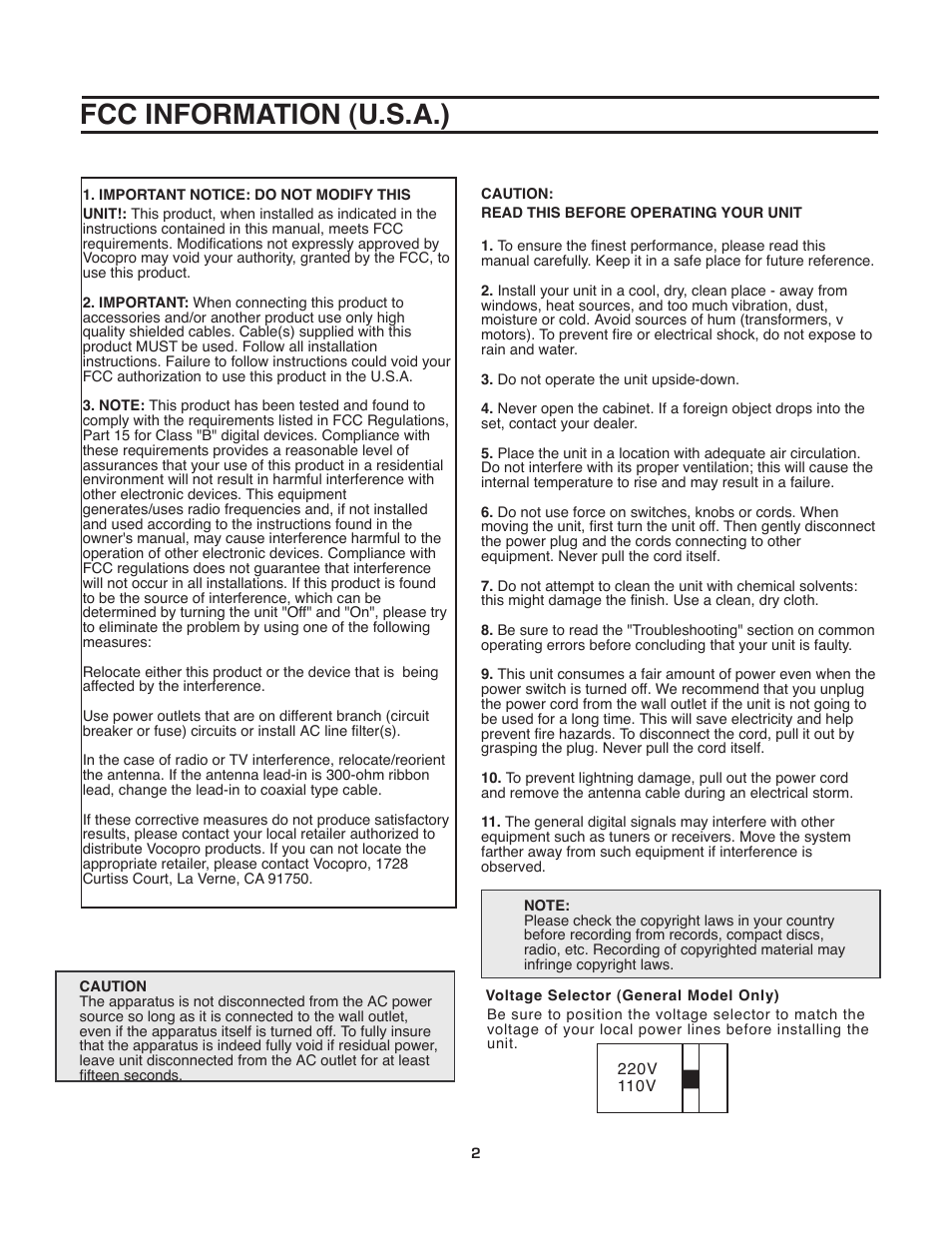 Fcc information (u.s.a.) | VocoPro DA-8909RV User Manual | Page 4 / 18