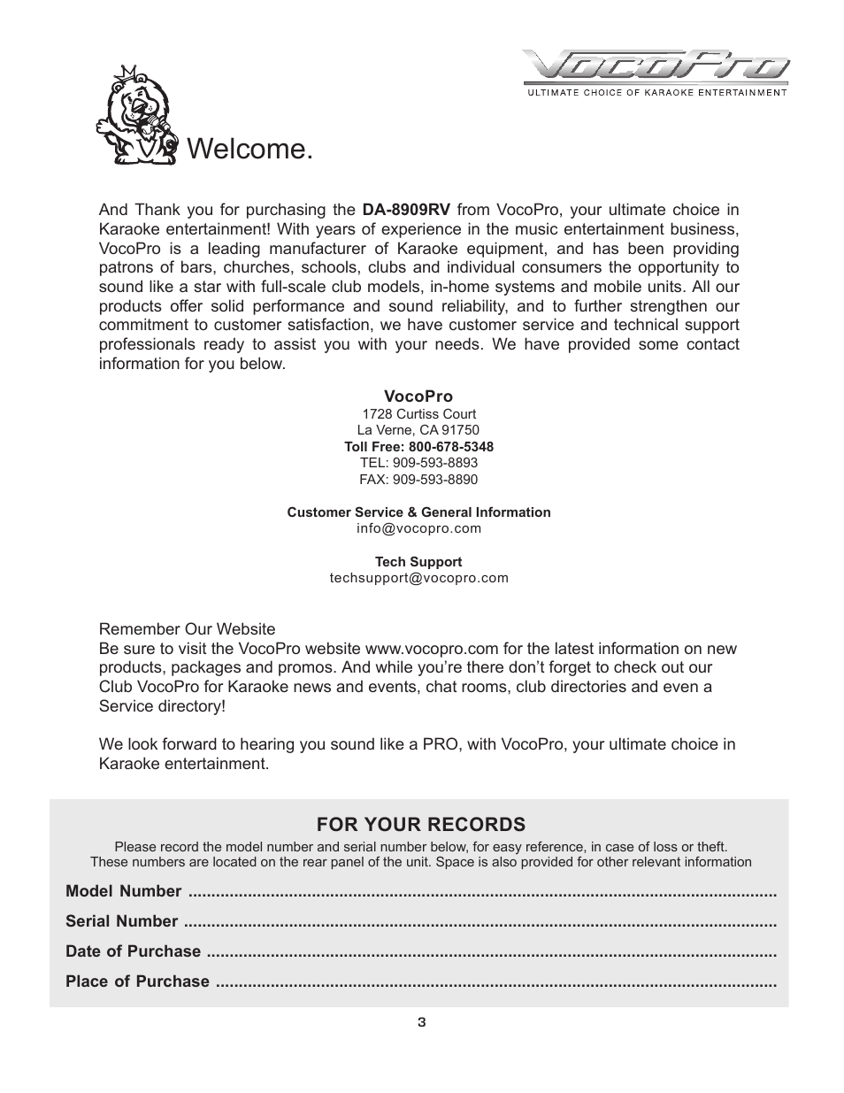 Welcome, For your records | VocoPro DA-8909RV User Manual | Page 5 / 18