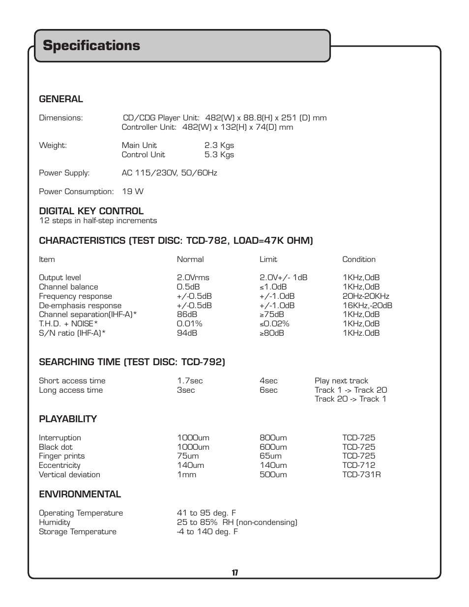 Speciﬁcations | VocoPro CDG-9000 User Manual | Page 17 / 18