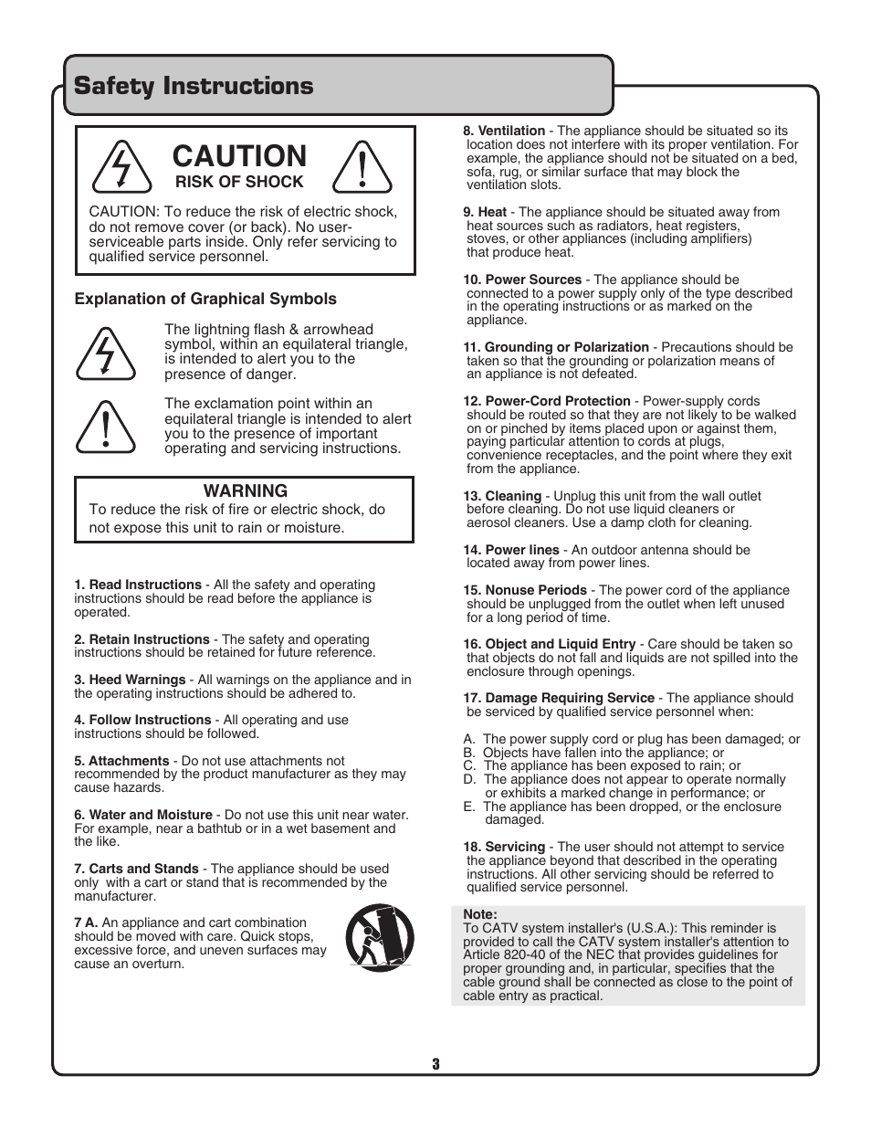 Caution, Safety instructions, Warning | VocoPro CDG-9000 User Manual | Page 3 / 18