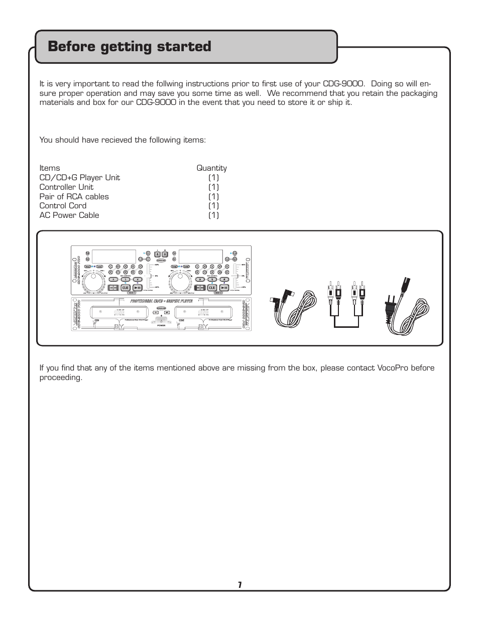 Before getting started | VocoPro CDG-9000 User Manual | Page 7 / 18