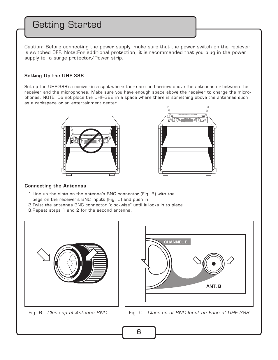 Getting started, Ant. b, Channel b | VocoPro UHF-388 User Manual | Page 8 / 16