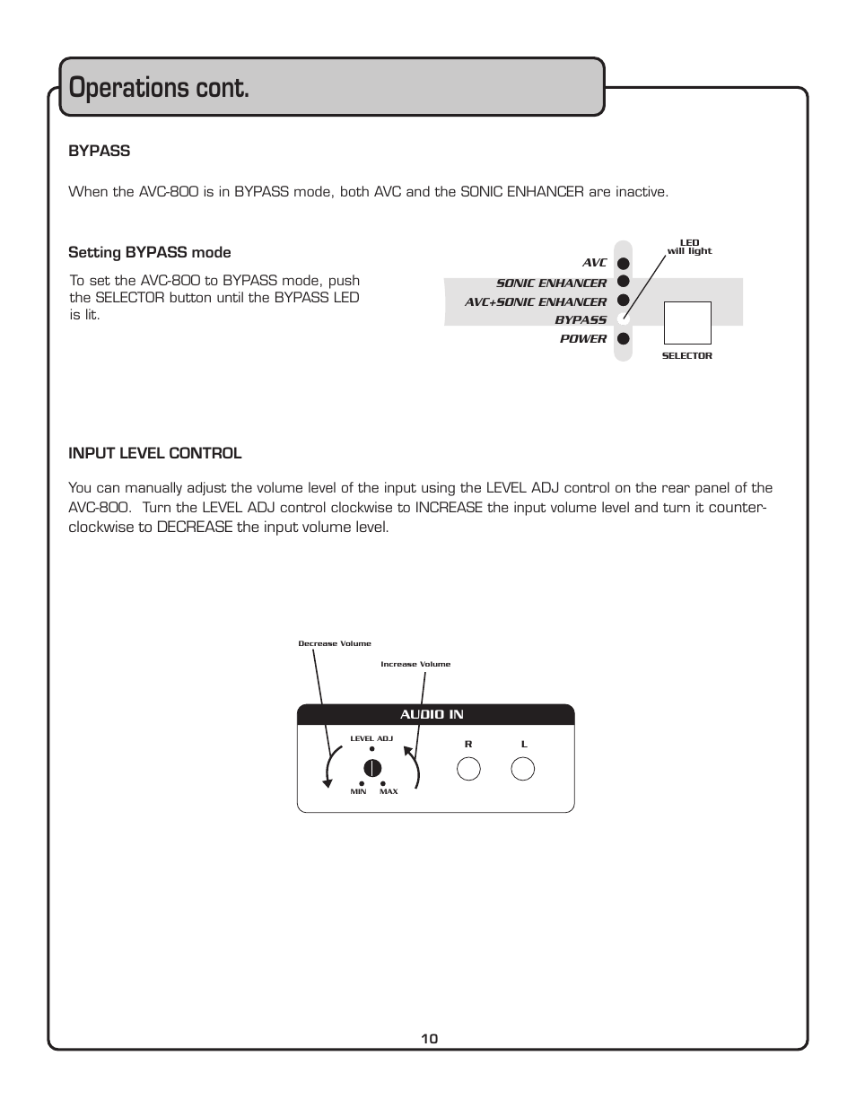 Operations cont, Bypass, Setting bypass mode input level control | VocoPro AUTOMATIC VOLUME CONTROL AVC-800 User Manual | Page 11 / 14
