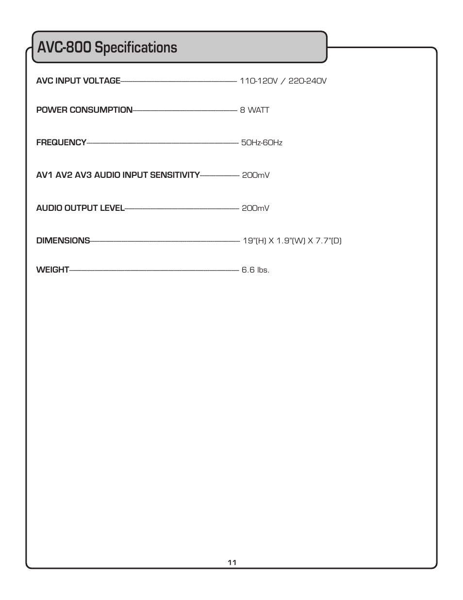 Avc-800 specifications | VocoPro AUTOMATIC VOLUME CONTROL AVC-800 User Manual | Page 12 / 14