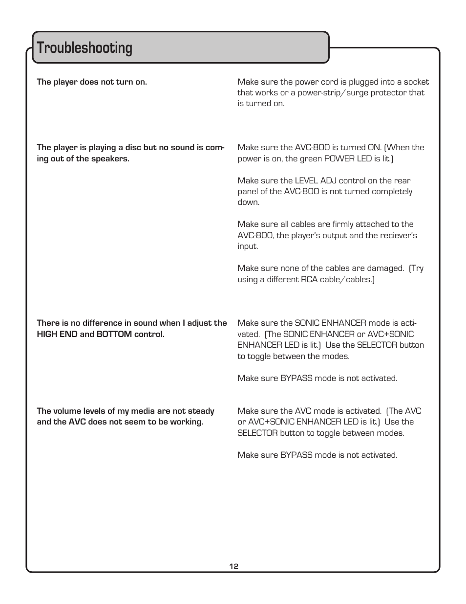 Troubleshooting | VocoPro AUTOMATIC VOLUME CONTROL AVC-800 User Manual | Page 13 / 14