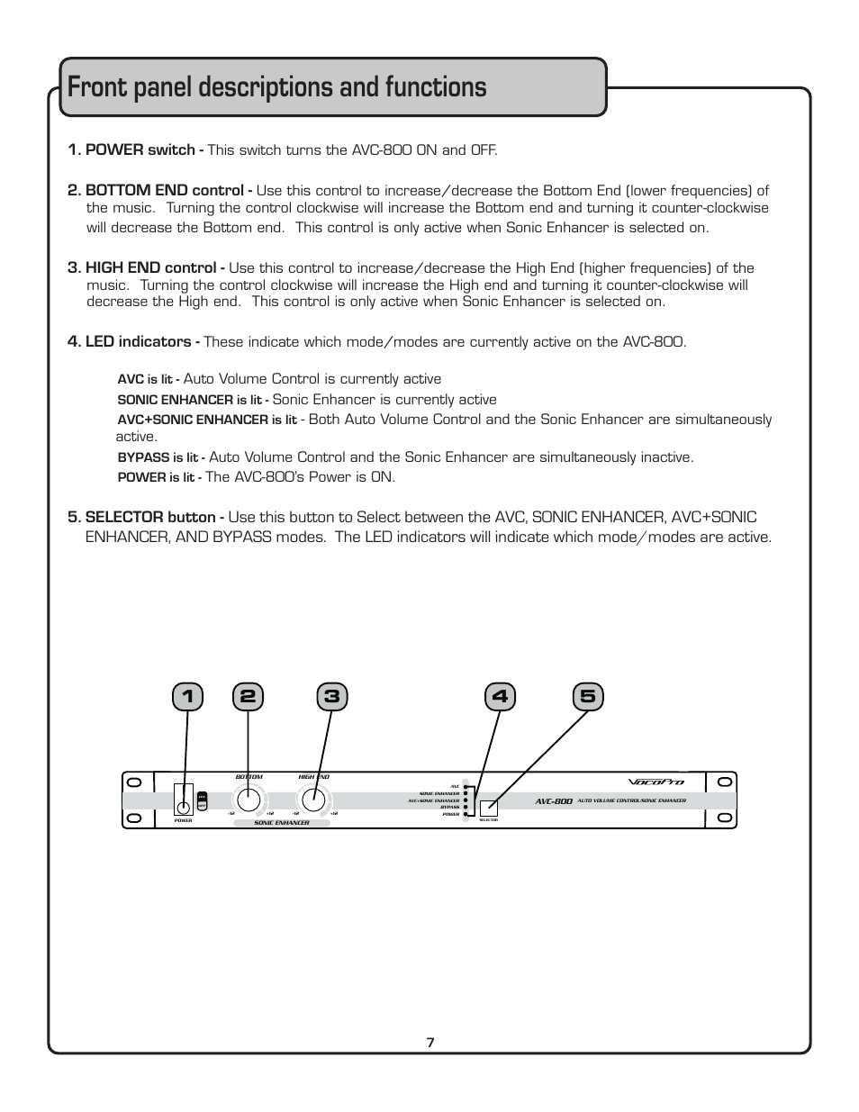 Front panel descriptions and functions, Power switch, Bottom end control | High end control, Led indicators | VocoPro AUTOMATIC VOLUME CONTROL AVC-800 User Manual | Page 8 / 14