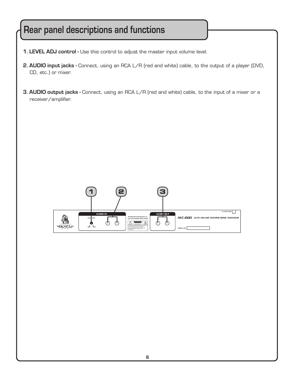Rear panel descriptions and functions, Level adj control, Audio input jacks | Audio output jacks | VocoPro AUTOMATIC VOLUME CONTROL AVC-800 User Manual | Page 9 / 14