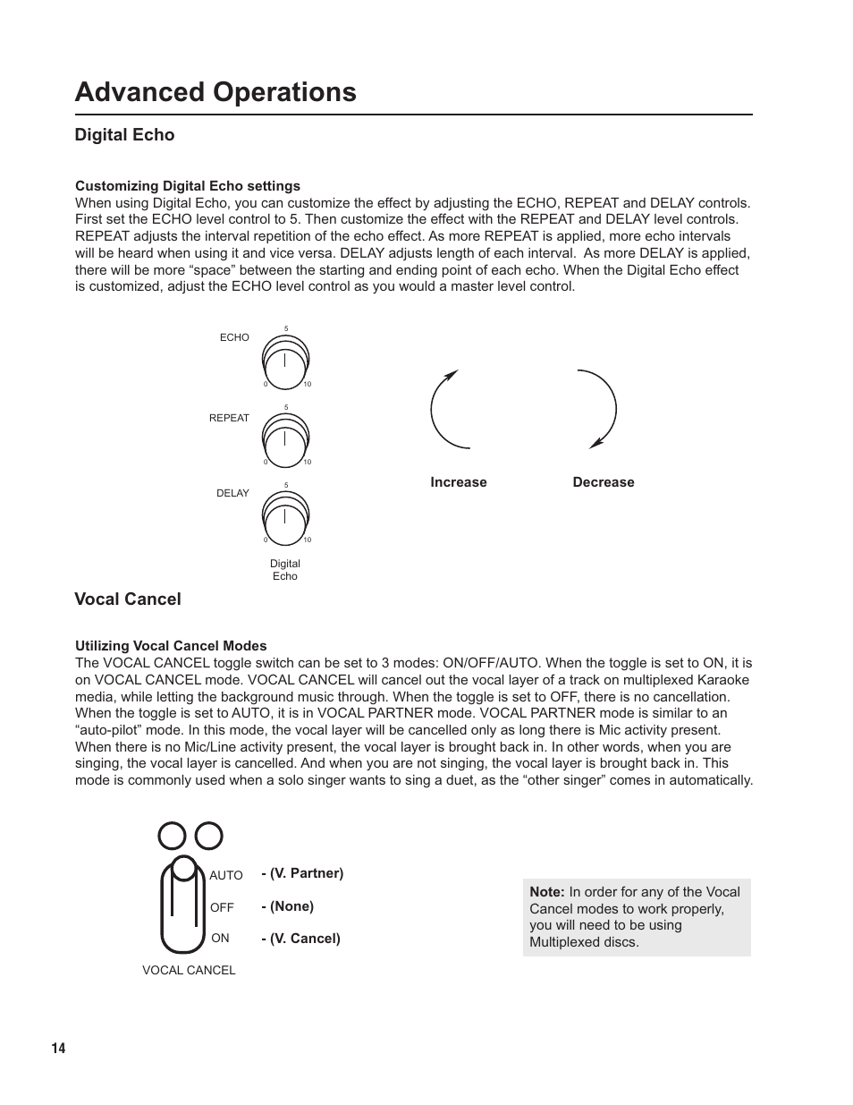 Pg 14 advanced.pdf, Advanced operations, Digital echo vocal cancel | VocoPro KJ-7000 Pro User Manual | Page 14 / 22