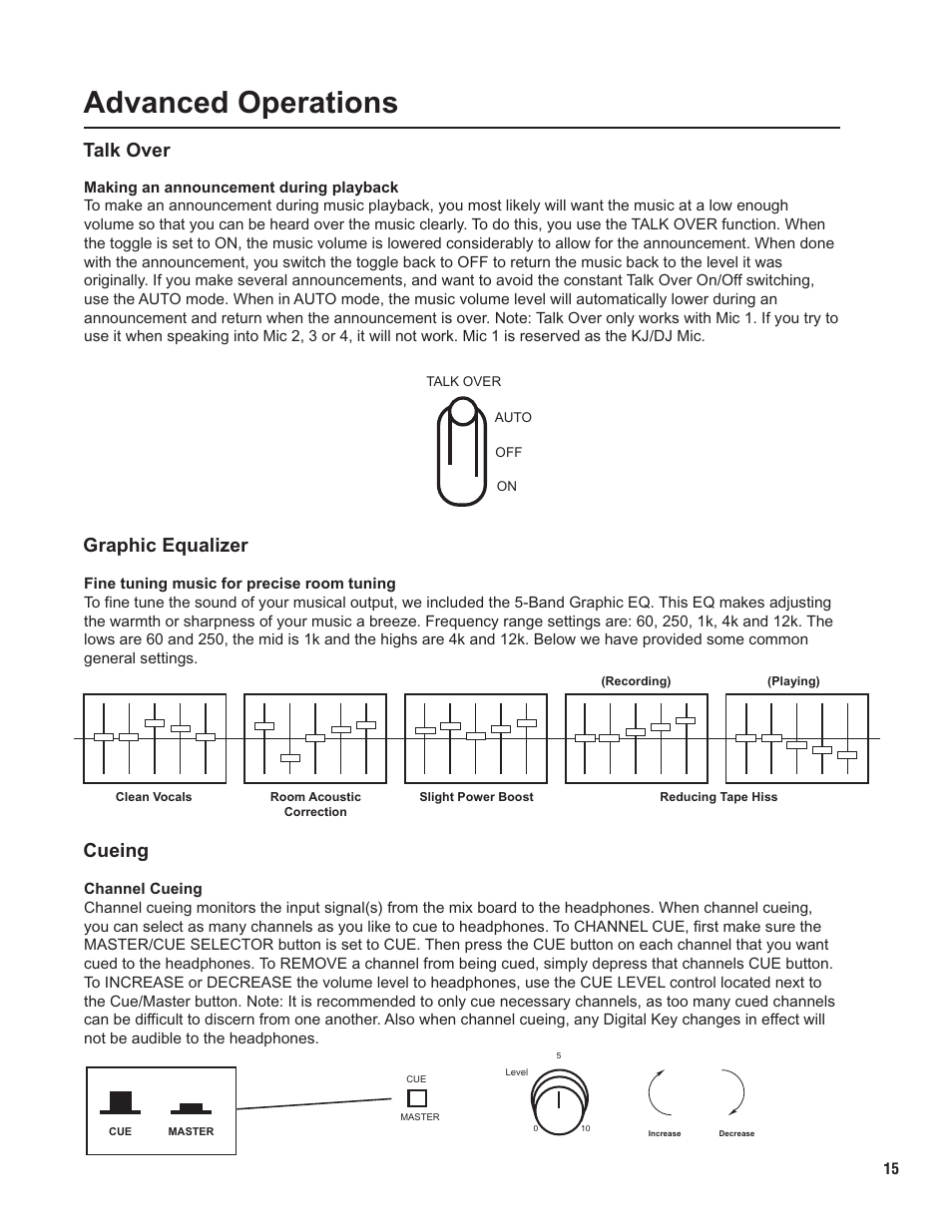 Pg 15 advanced.pdf, Advanced operations, Talk over graphic equalizer | Cueing | VocoPro KJ-7000 Pro User Manual | Page 15 / 22