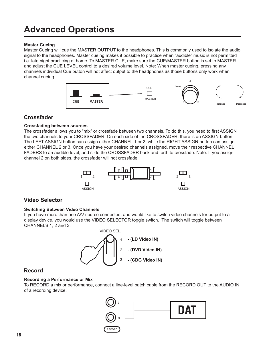 Pg 16 advanced.pdf, Advanced operations, Crossfader | Video selector, Record | VocoPro KJ-7000 Pro User Manual | Page 16 / 22