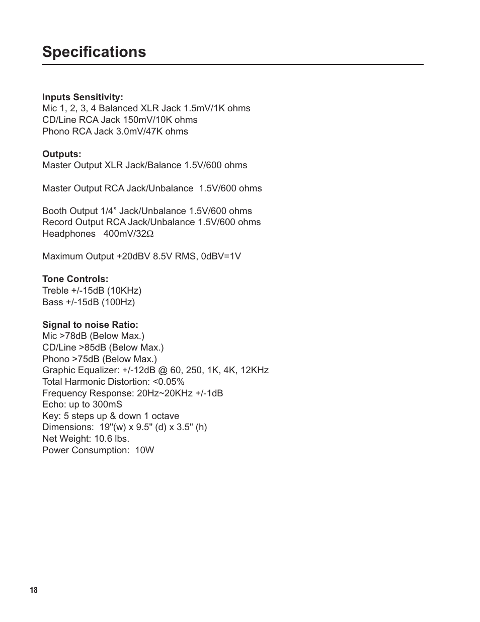 Pg 18 specs.pdf, Specifications | VocoPro KJ-7000 Pro User Manual | Page 18 / 22