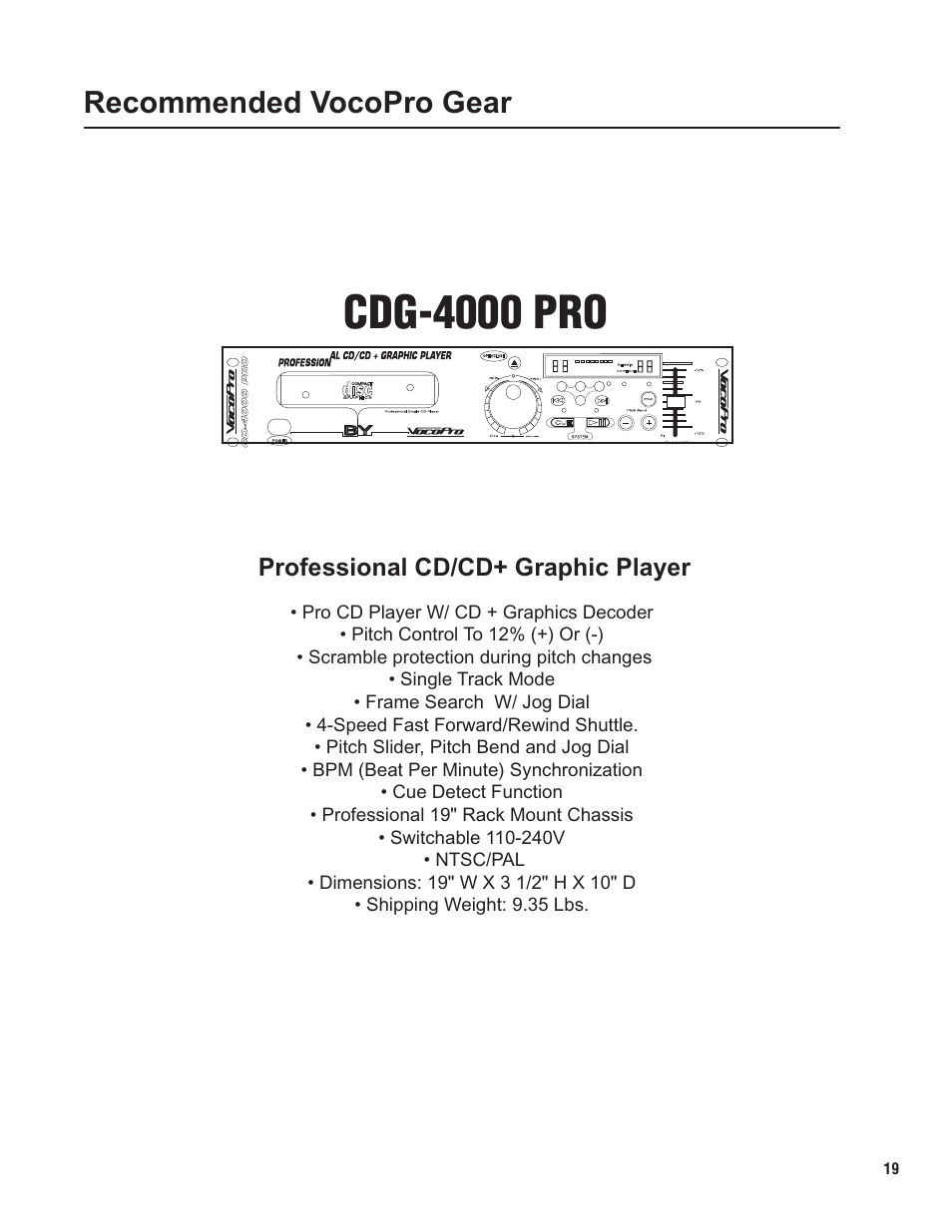 Pg 19 gear.pdf, Cdg-4000 pro, Recommended vocopro gear | Professional cd/cd+ graphic player | VocoPro KJ-7000 Pro User Manual | Page 19 / 22