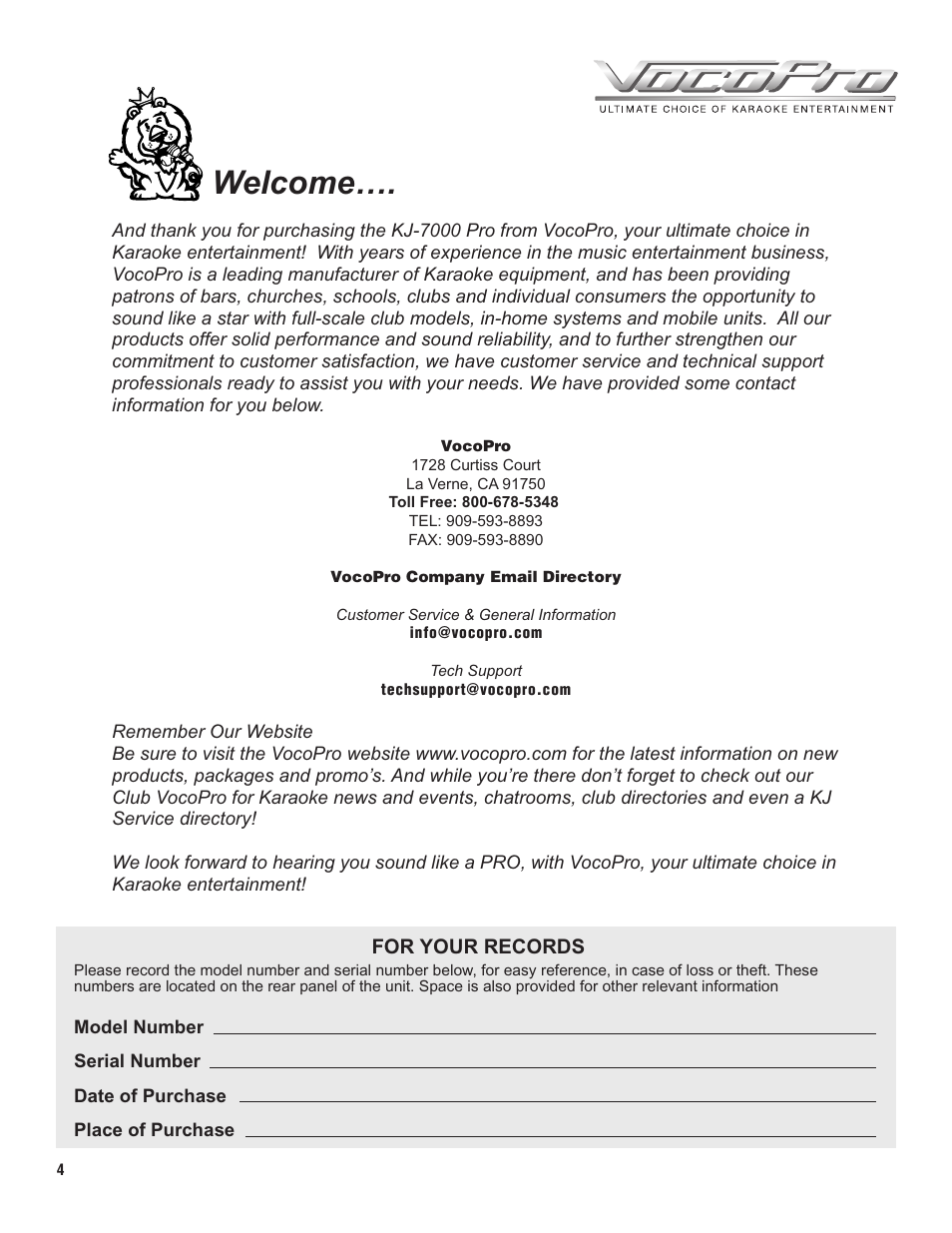 Pg 04 welcome.pdf, Welcome | VocoPro KJ-7000 Pro User Manual | Page 4 / 22