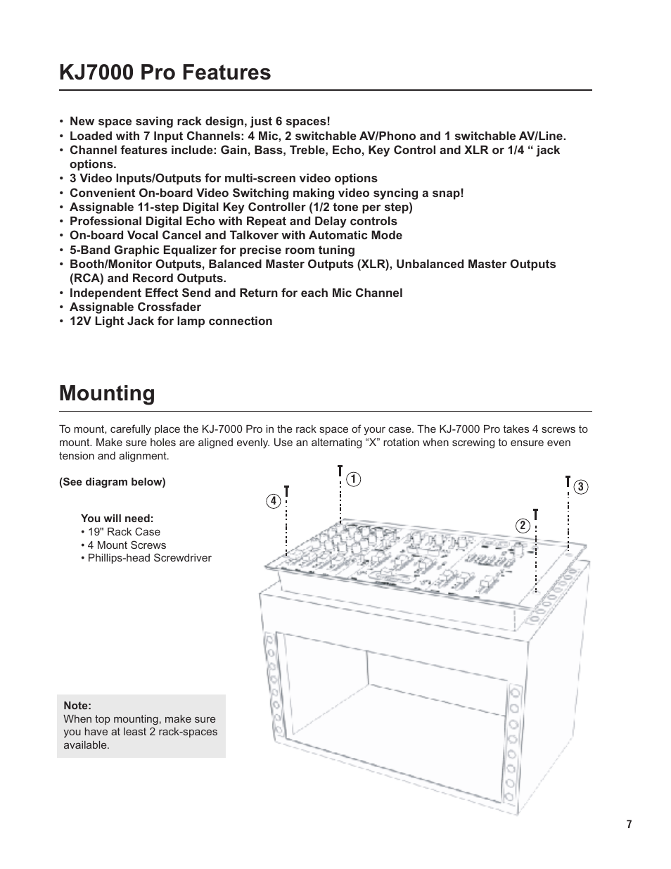 Pg 07 features.pdf, Kj7000 pro features, Mounting | VocoPro KJ-7000 Pro User Manual | Page 7 / 22