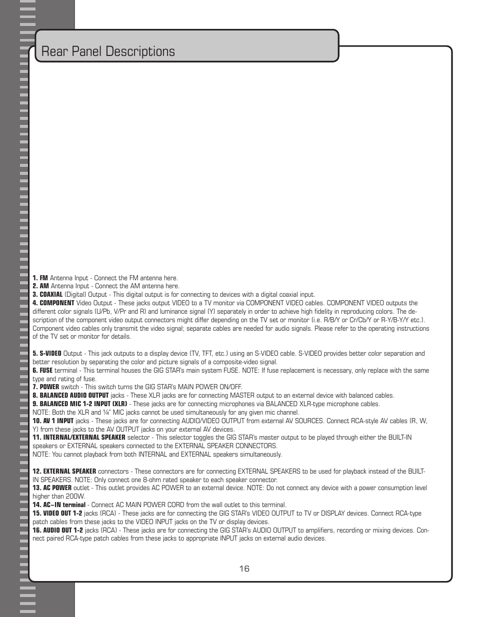 Rear panel descriptions | VocoPro GIG-STAR User Manual | Page 22 / 31