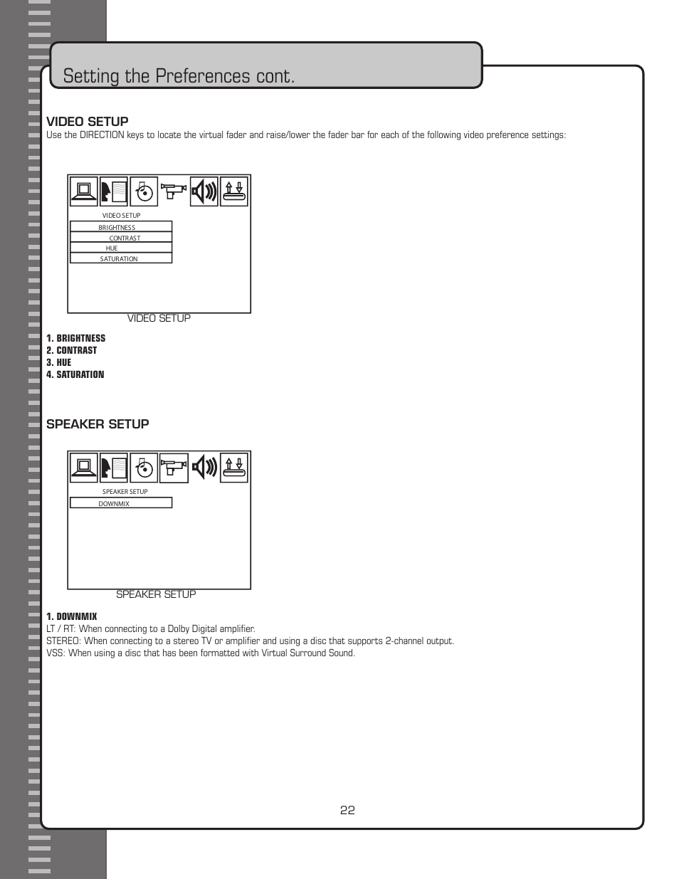 Setting the preferences cont, Video setup, Speaker setup | VocoPro GIG-STAR User Manual | Page 28 / 31