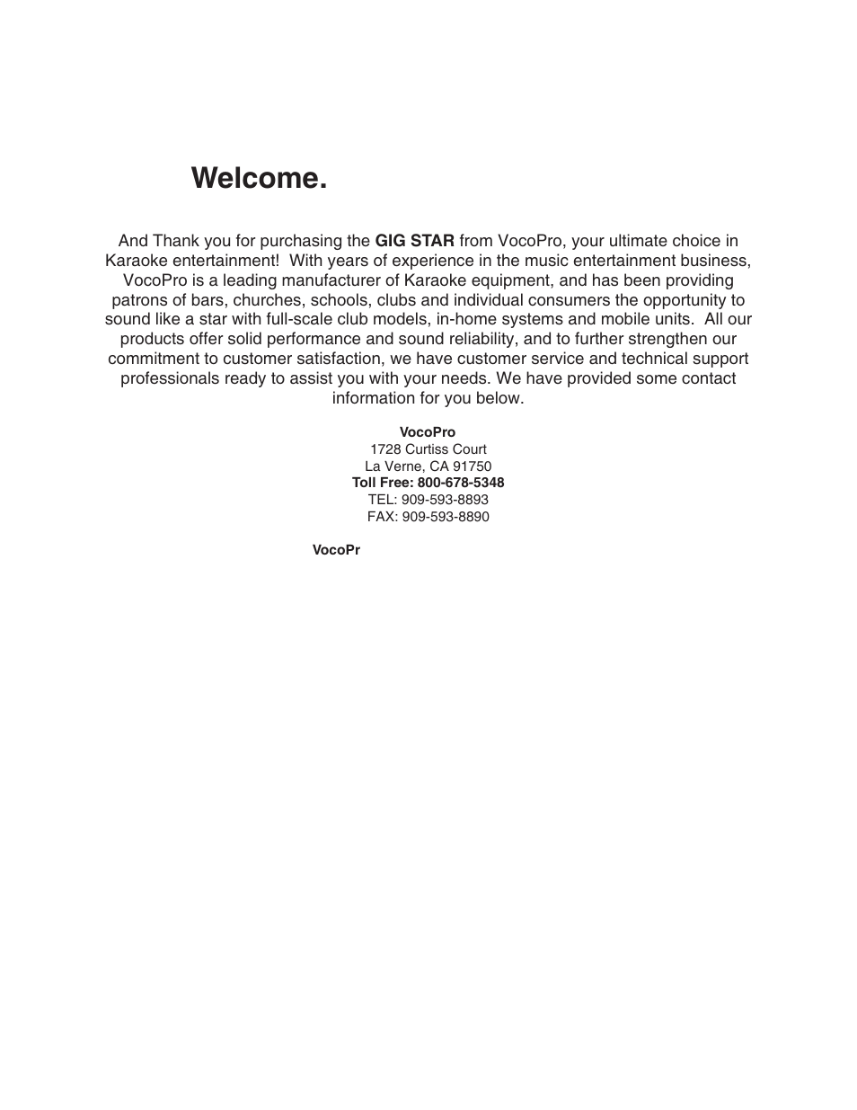 Welcome | VocoPro GIG-STAR User Manual | Page 5 / 31
