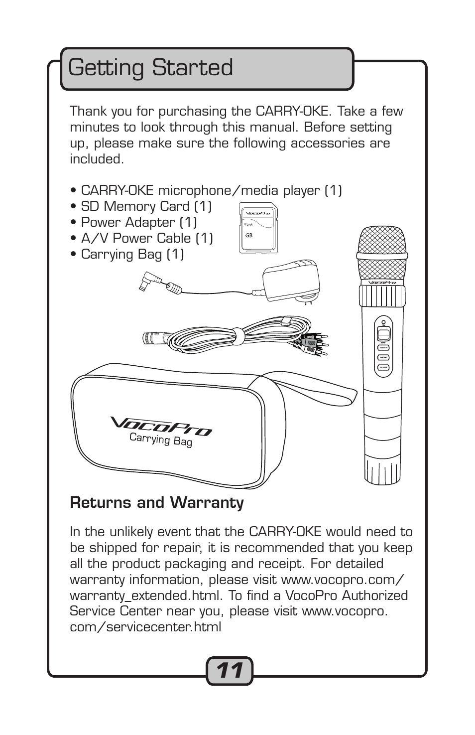 Getting started | VocoPro Carry-Oke Microphone User Manual | Page 11 / 28